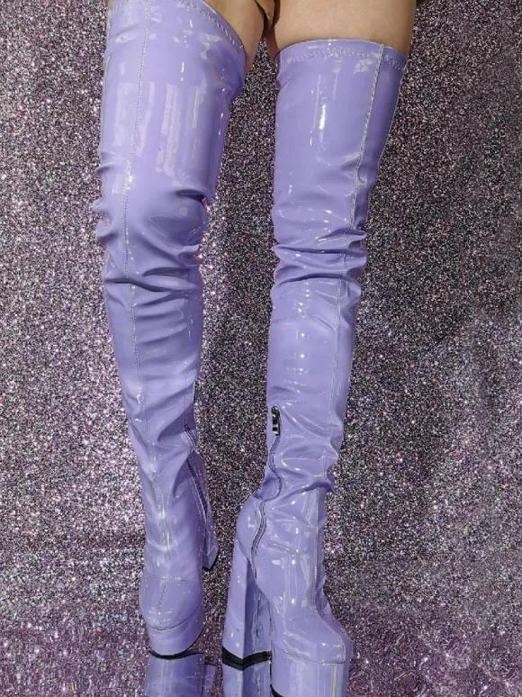 Cuissardes sexy femmes bout rond talon épais plate-forme sur les bottes au genou