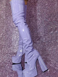 Cuissardes sexy femmes bout rond talon épais plate-forme sur les bottes au genou