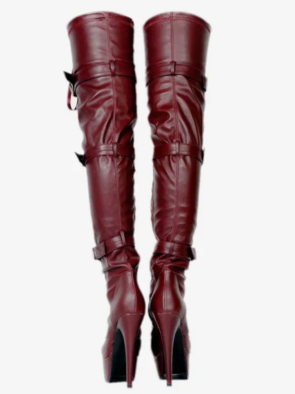 Cuissardes sexy pour femmes plateforme noire boucle en fausse fourrure bottes à talons hauts au dessus du genou