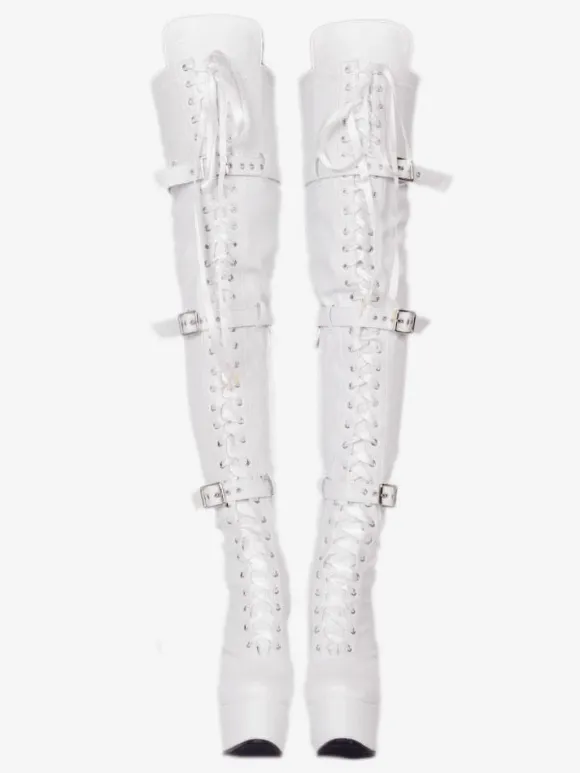 Cuissardes sexy pour femmes plateforme noire boucle en fausse fourrure bottes à talons hauts au dessus du genou