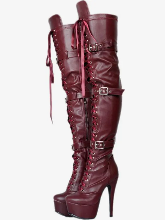 Cuissardes sexy pour femmes plateforme noire boucle en fausse fourrure bottes à talons hauts au dessus du genou