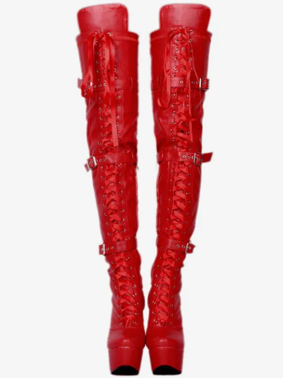 Cuissardes sexy pour femmes plateforme noire boucle en fausse fourrure bottes à talons hauts au dessus du genou