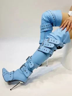 Cuissardes Boucle argentée au genou bottes hautes à bout pointu à talons hauts