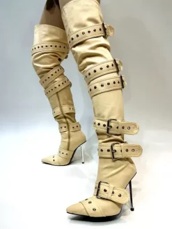 Cuissardes Boucle argentée au genou bottes hautes à bout pointu à talons hauts