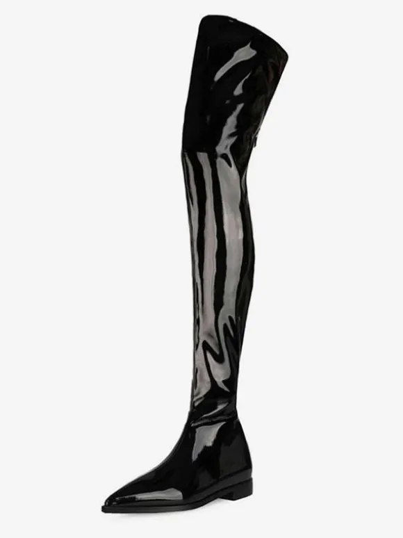 Cuissardes Cuissardes Femmes Cuir Brillant Noir Bout Pointu Cuissardes Plates