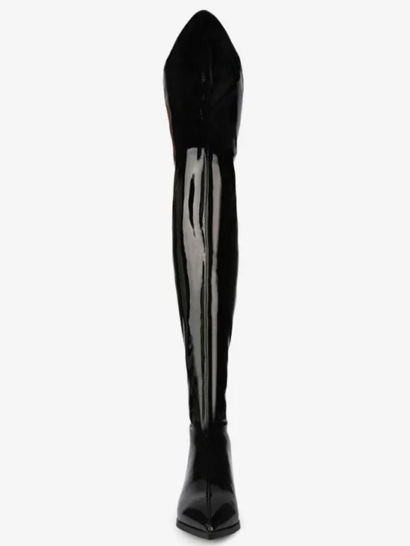 Cuissardes Cuissardes Femmes Cuir Brillant Noir Bout Pointu Cuissardes Plates