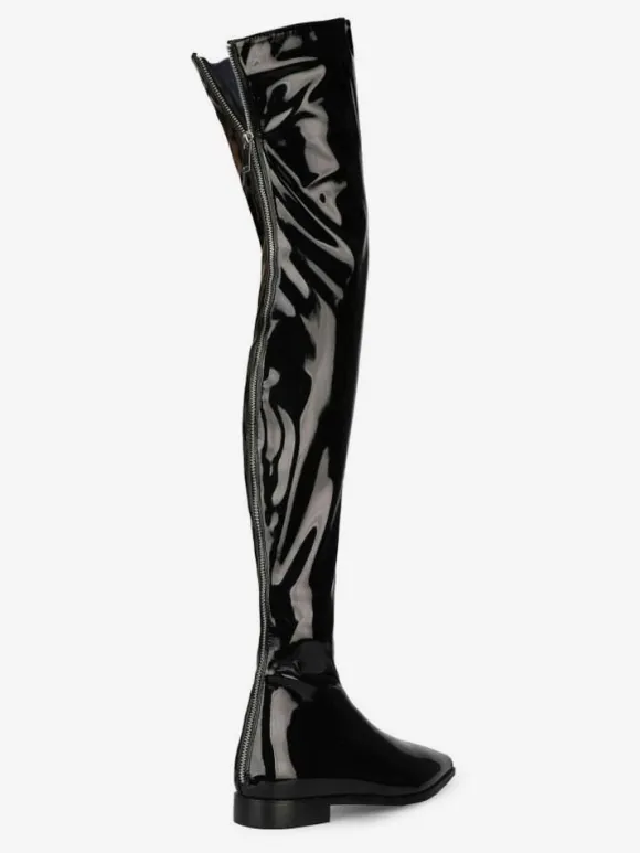 Cuissardes Cuissardes Femmes Cuir Brillant Noir Bout Pointu Cuissardes Plates