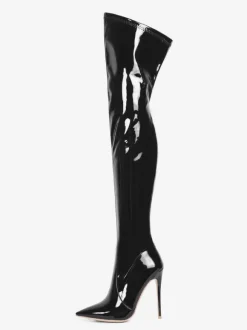 Cuissardes en cuir noir bout pointu talon aiguille cuissardes en cuir brillant