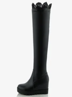 Cuissardes femme noir en PU semmelle compensée décoré en dentelle
