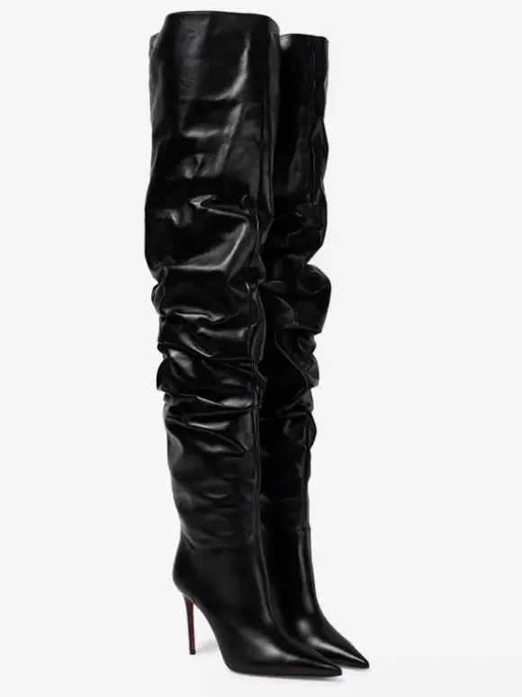 Cuissardes Femmes Chaussures Sexy Plissées Talon Haut Aiguille Bottes En Cuir PU