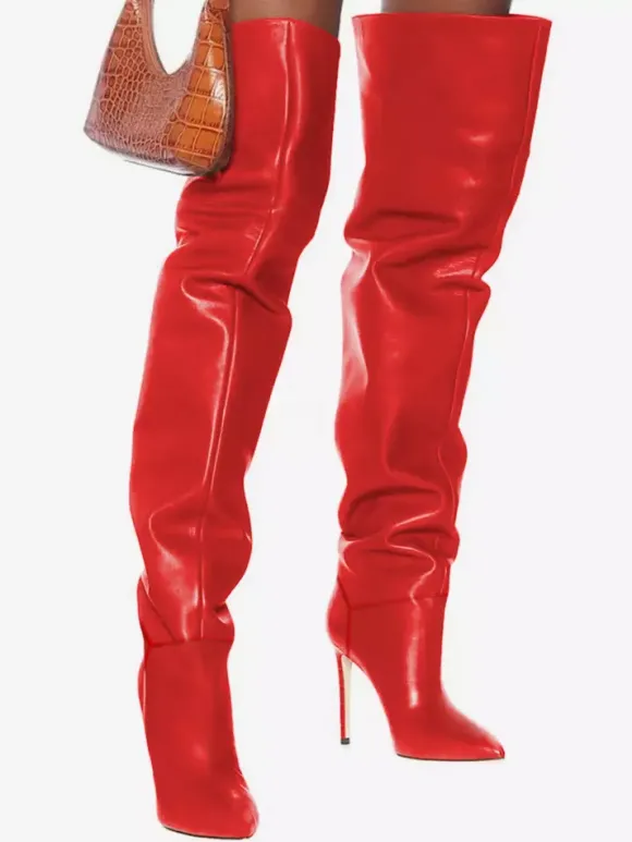 Cuissardes Femmes Chaussures Sexy Plissées Talon Haut Aiguille Bottes En Cuir PU