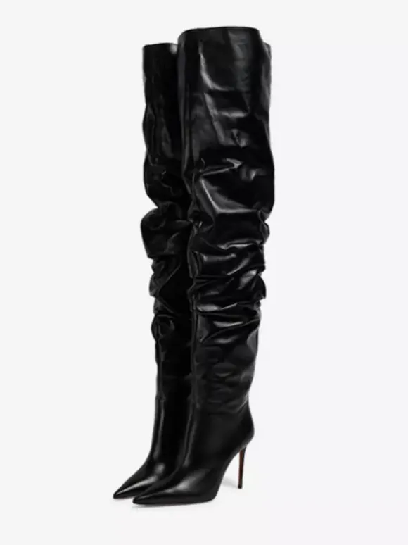 Cuissardes Femmes Chaussures Sexy Plissées Talon Haut Aiguille Bottes En Cuir PU