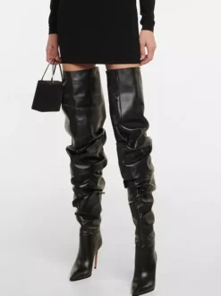 Cuissardes Femmes Chaussures Sexy Plissées Talon Haut Aiguille Bottes En Cuir PU