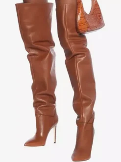 Cuissardes Femmes Chaussures Sexy Plissées Talon Haut Aiguille Bottes En Cuir PU
