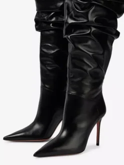 Cuissardes Femmes Chaussures Sexy Plissées Talon Haut Aiguille Bottes En Cuir PU