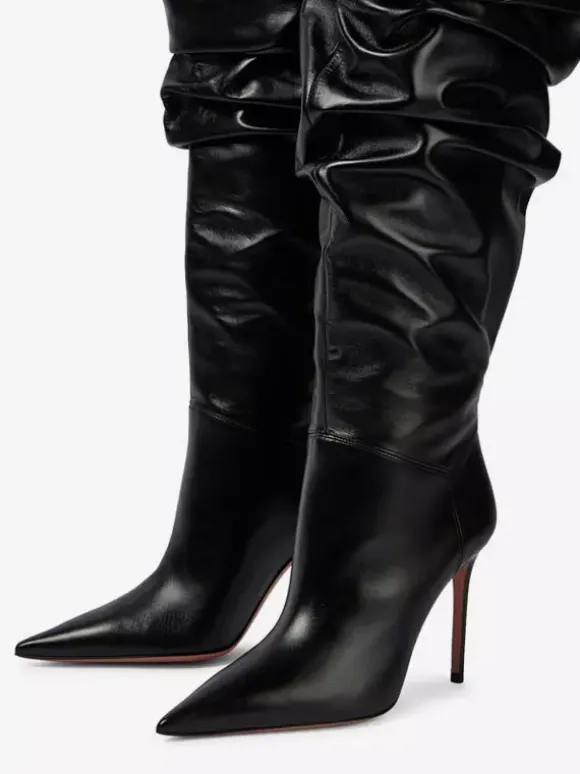 Cuissardes Femmes Chaussures Sexy Plissées Talon Haut Aiguille Bottes En Cuir PU