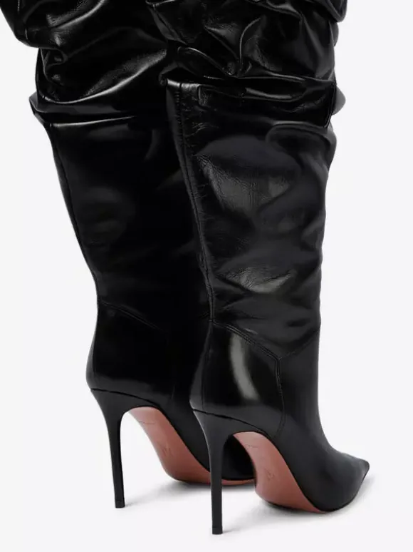Cuissardes Femmes Chaussures Sexy Plissées Talon Haut Aiguille Bottes En Cuir PU
