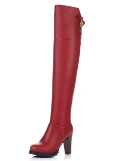Cuissardes femmes couleur unie bout rond talon épais sur les bottes au genou