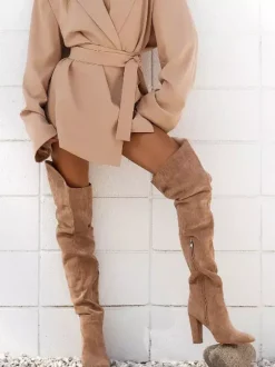 Cuissardes à mollet large pour femmes bottes hautes en daim à talon épais cuissardes au-dessus du genou