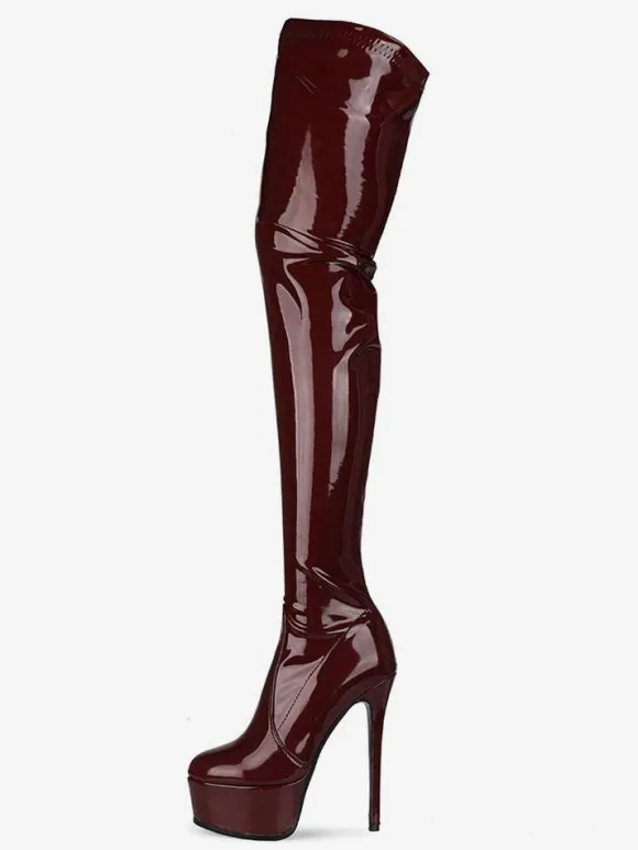 Cuissardes noir bout rond cuir brillant plate-forme bottes d'hiver femmes talon haut cuissardes
