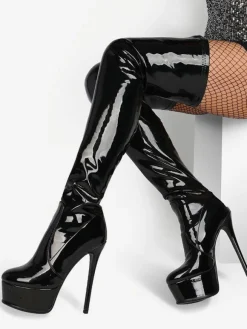 Cuissardes noir bout rond cuir brillant plate-forme bottes d'hiver femmes talon haut cuissardes