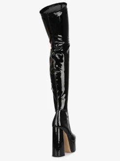 Cuissardes noires bout rond talon épais plateforme à talons hauts bottes d'hiver en cuir brillant pour femmes