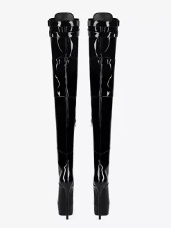 Cuissardes noires sexy à plateforme bout rond lacets talons hauts cuissardes