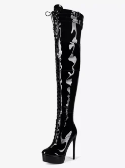 Cuissardes noires sexy à plateforme bout rond lacets talons hauts cuissardes
