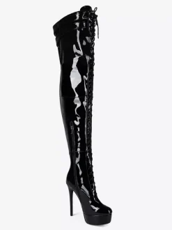 Cuissardes noires sexy à plateforme bout rond lacets talons hauts cuissardes