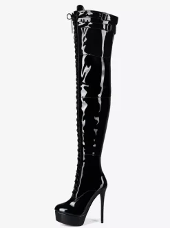Cuissardes noires sexy à plateforme bout rond lacets talons hauts cuissardes