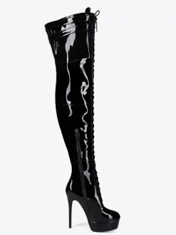 Cuissardes noires sexy à plateforme bout rond lacets talons hauts cuissardes