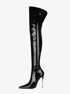 Cuissardes noires à talons hauts pour femmes en cuir brillant