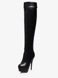 Cuissardes à plateforme Bottes pour femmes Couleur unie Cuir brillant Bout rond Bottes à talon aiguille