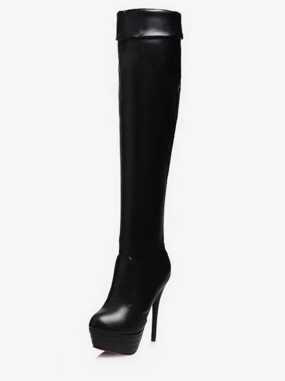 Cuissardes à plateforme Bottes pour femmes Couleur unie Cuir brillant Bout rond Bottes à talon aiguille