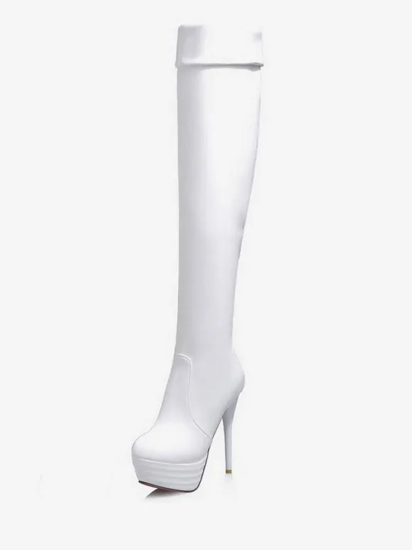 Cuissardes à plateforme Bottes pour femmes Couleur unie Cuir brillant Bout rond Bottes à talon aiguille