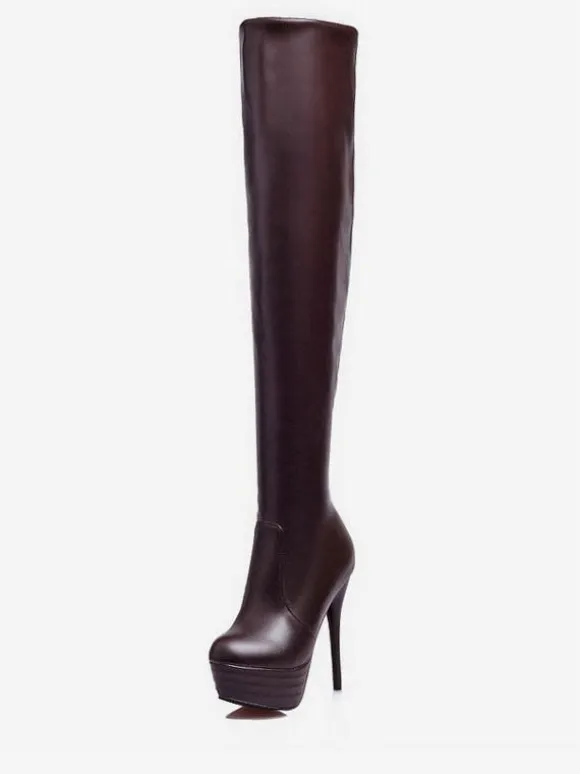 Cuissardes à plateforme Bottes pour femmes Couleur unie Cuir brillant Bout rond Bottes à talon aiguille