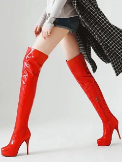 Cuissardes à plateforme pour femme avec bout en amande talon aiguille en cuir brillant cuissardes
