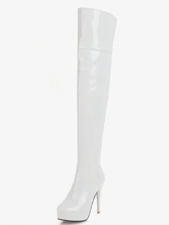 Cuissardes à plateforme pour femme avec bout en amande  talon aiguille en cuir brillant  cuissardes