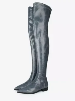 Cuissardes pour femmes Bottes en cuir PU à bout pointu et à talon plat rouge orange