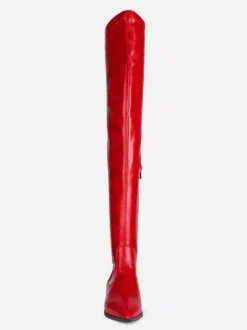Cuissardes pour femmes Bottes en cuir PU à bout pointu et à talon plat rouge orange