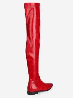 Cuissardes pour femmes Bottes en cuir PU à bout pointu et à talon plat rouge orange