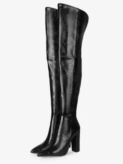 Cuissardes pour femmes Bottes à talons épais en cuir PU à bout pointu noir