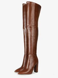 Cuissardes pour femmes Bottes à talons épais en cuir PU à bout pointu noir