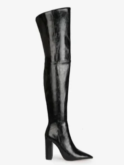 Cuissardes pour femmes Bottes à talons épais en cuir PU à bout pointu noir