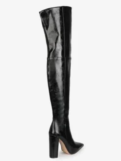 Cuissardes pour femmes Bottes à talons épais en cuir PU à bout pointu noir