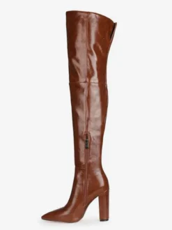 Cuissardes pour femmes Bottes à talons épais en cuir PU à bout pointu noir