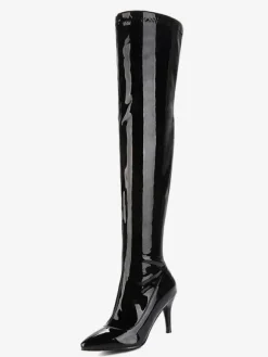 Cuissardes pour femmes Bottes en cuir verni à bout pointu Bottes à talon aiguille en cuir brillant