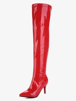 Cuissardes pour femmes Bottes en cuir verni à bout pointu Bottes à talon aiguille en cuir brillant