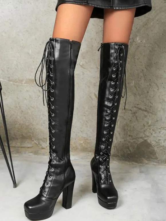 Cuissardes pour femmes Bottes d'hiver en cuir PU noir à bout carré et talon épais