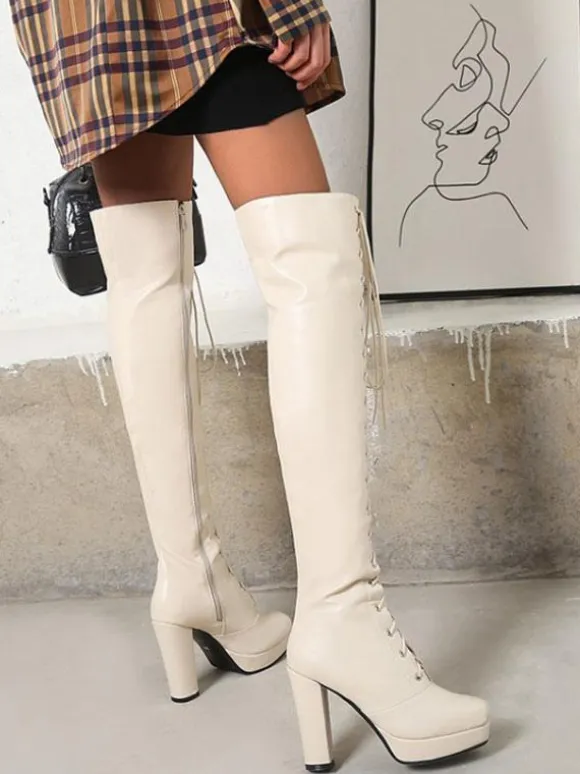 Cuissardes pour femmes Bottes d'hiver en cuir PU noir à bout carré et talon épais